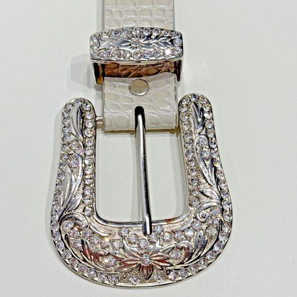 Genuine Leather Gray Croc Embossed Jeweled Rhinestones Western Belt Women’s S - Picture 6 of 16